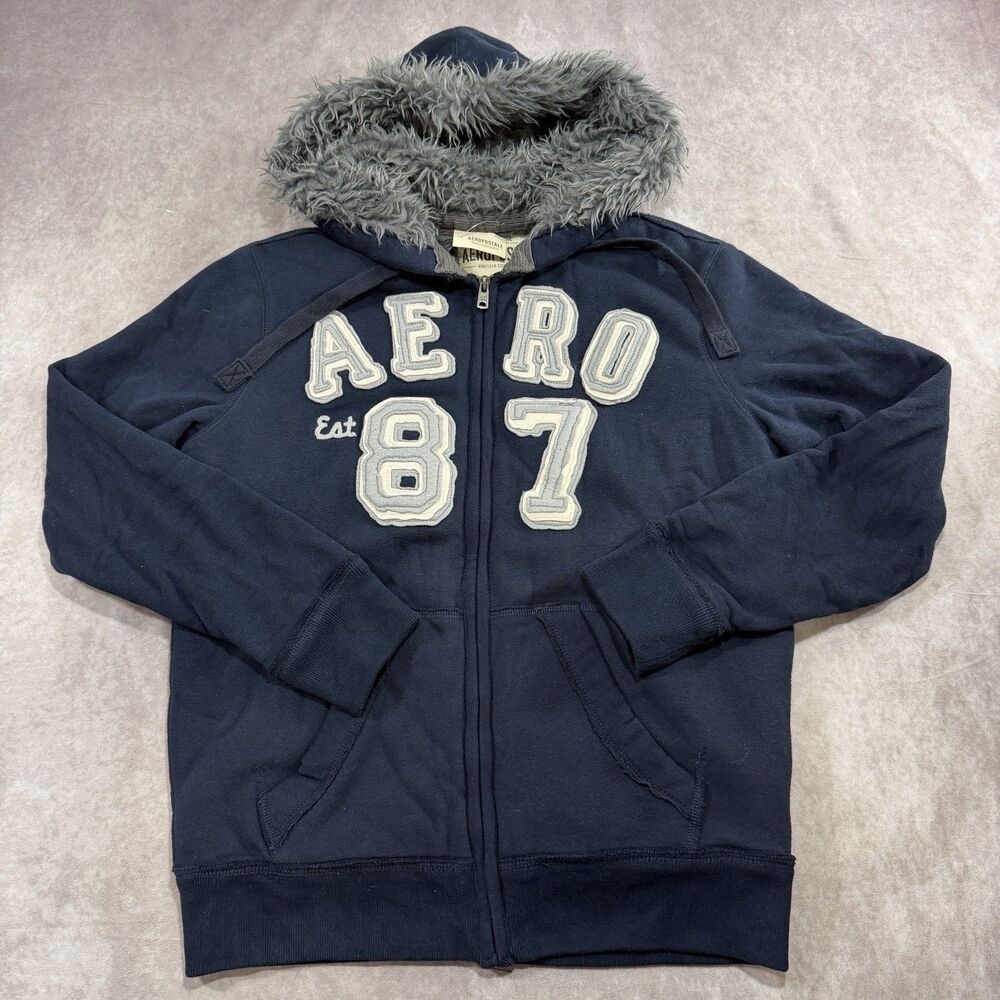 Vintage Aeropostale Hoodie Faux Fur Lined Women Small S Sweatshirt Full Zip Y2K